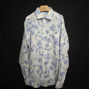 Giangi Made in Naples (Italy) 100% Linen LS BF - Blue White Leaf - Sz L*